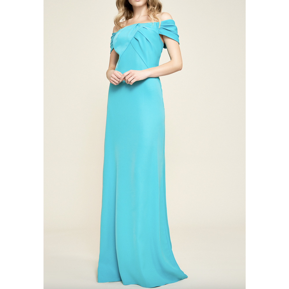 Tadashi Shoji Dress Womens 6 Blue Aquamarine Crepe Off Shoulder Gown